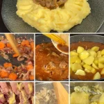 Mouthwatering beef stew simmered in beer, served in a bowl