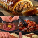 Festive beef puff pastry bake served on a holiday-themed table