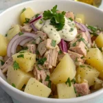 Aardappel tonijnsalade recept met ingredienten voor een makkelijke maaltijd.