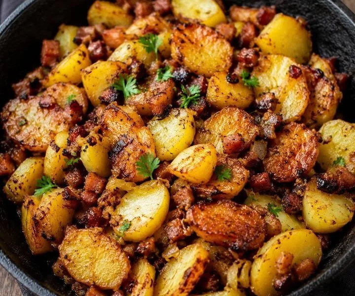 Heerlijke Duitse gebakken aardappelen uit de pan, perfect bij elke maaltijd.