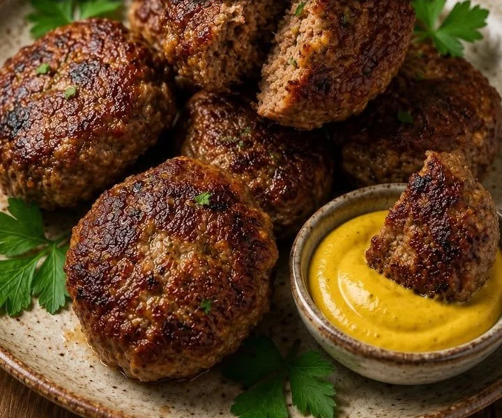 Heerlijke frikadellen op een bord met saus en groenten