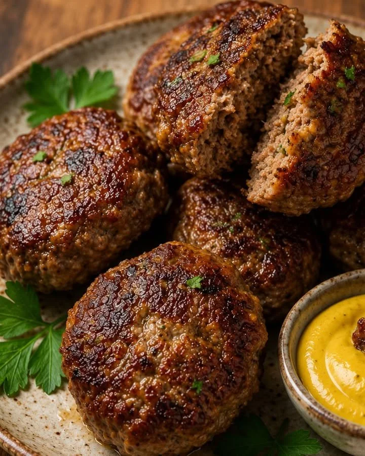 Zelfgemaakte frikadellen op een bord met kruiden en groenten