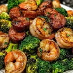 Garnalen met gerookte worst en broccoli op een bord.