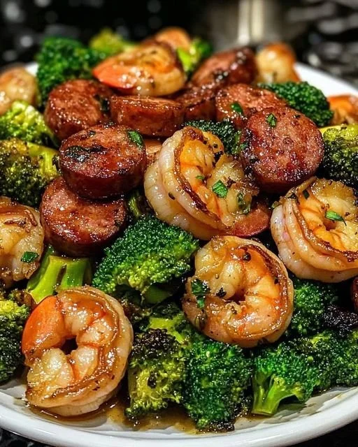 Garnalen met gerookte worst en broccoli op een bord.