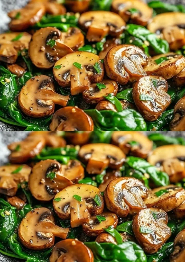 Recept voor gebakken champignons met spinazie, een smakelijk vegetarisch gerecht