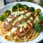 Gegrilde kip geserveerd met broccoli en romige spaghetti op een bord.