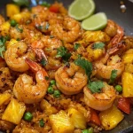 Heerlijke Thaise garnalen-ananas curry met rijst en verse ingrediënten.