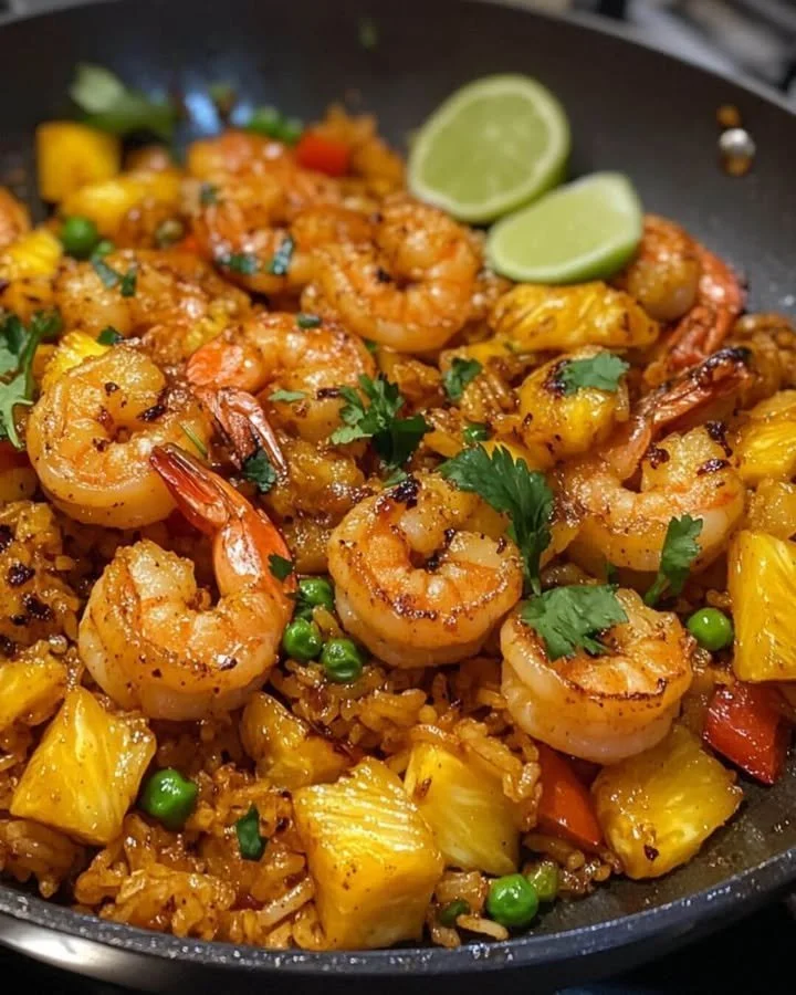 Heerlijke Thaise garnalen-ananas curry met rijst en verse ingrediënten.