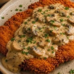 Jägerschnitzel met champignonsaus en garnituren op een bord