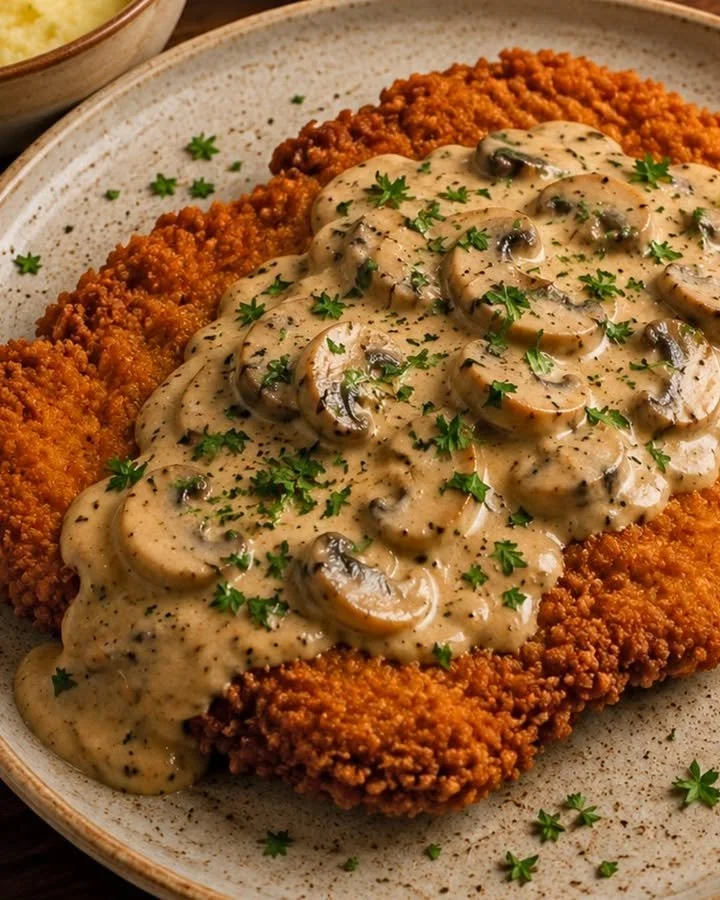 Jägerschnitzel met champignonsaus en garnituren op een bord