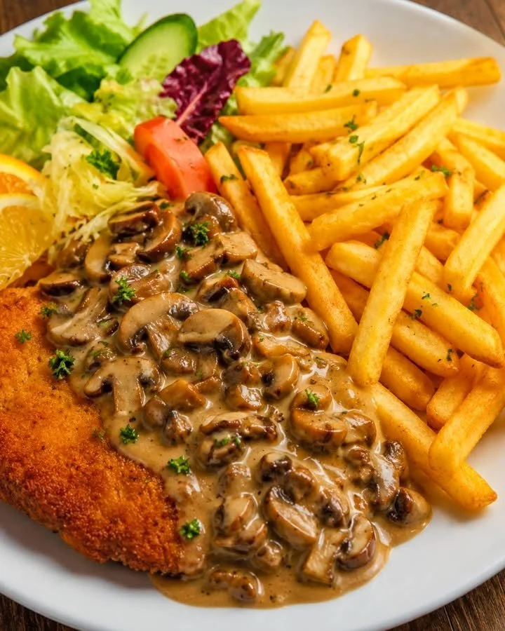 Jägerschnitzel met donkere paddenstoelensaus op een bord