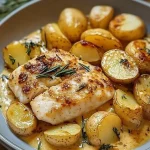 Kabeljauwfilets met romige rozemarijn-citroensaus op een bord