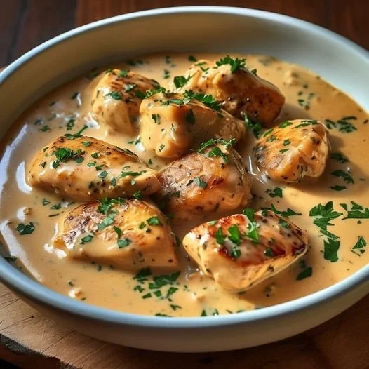 Kipfiletblokjes in mosterd-wittewijnsaus op een bord