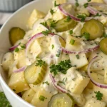Eenvoudige klassieke mosterd aardappelsalade met aardappelen en dressing