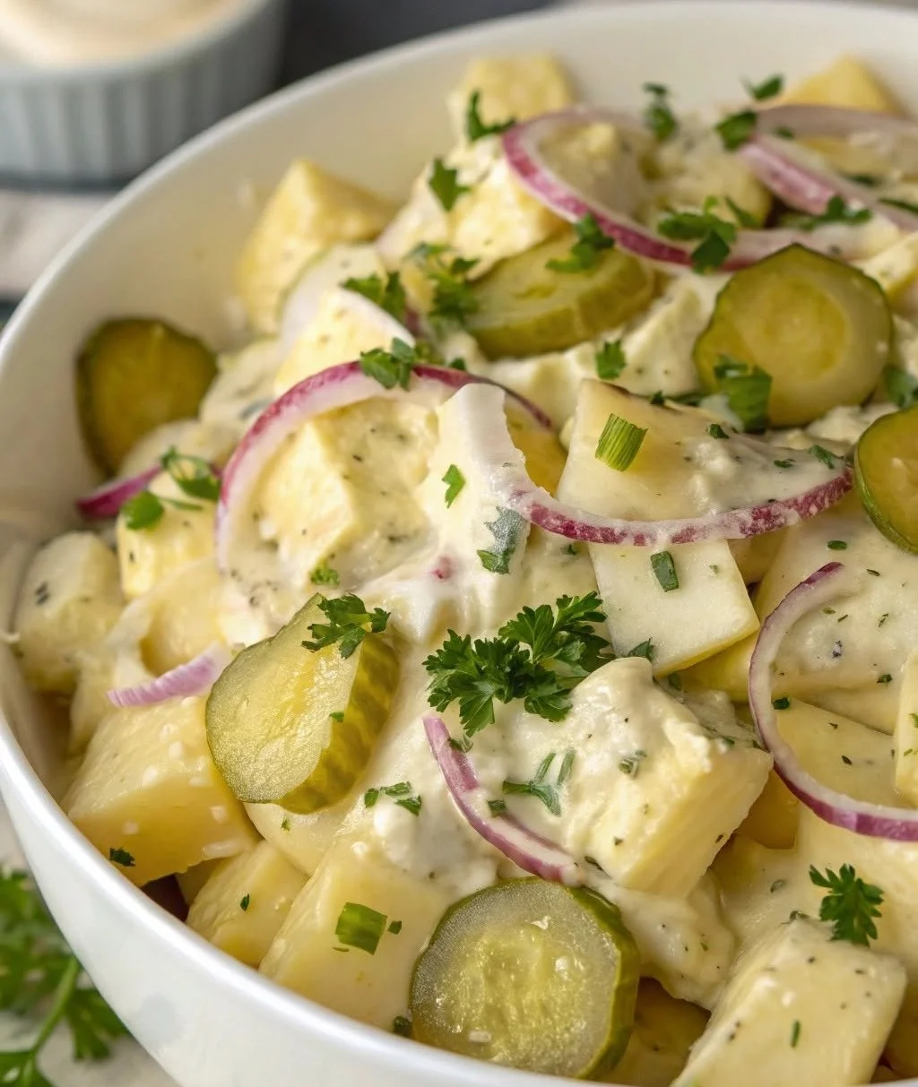 Eenvoudige klassieke mosterd aardappelsalade met aardappelen en dressing