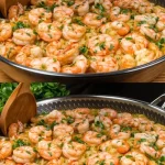 Heerlijke knoflookgarnalen in een pan met kruiden en specerijen
