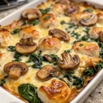 Ovenschotel met kip, spinazie en champignons, een smakelijk gerecht.