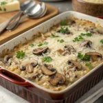 Romige champignon en rijst ovenschotel uit de oven, heerlijk en makkelijk recept.