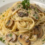 Romige champignon spaghetti met verse kruiden en kaas