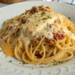 Romige kaas spaghetti klaar om geserveerd te worden, eenvoudig recept