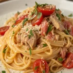 Romige tonijn spaghetti met tomaten en heerlijke kruiden