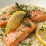 Romige zalmpasta met citroen en risotto op een bord