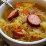 Een kom geurige Sauerkrautsuppe met verse kruiden en groenten