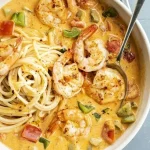 Scampi pasta met paprika en tomaten, een smakelijke en snelle maaltijd.