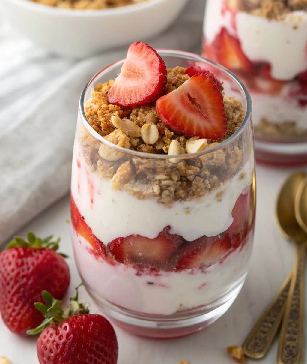 Een smakelijke Yoghurt Fruit Parfait met vers fruit en granola