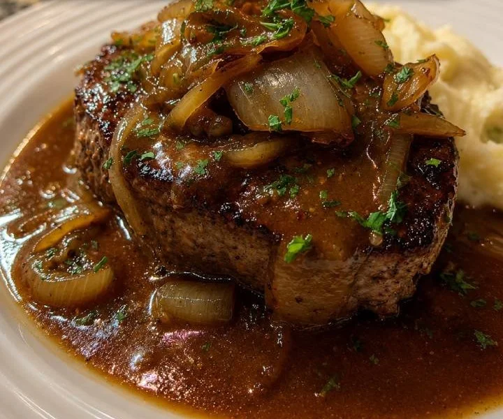 Zwiebelrostbraten met gebakken uien op een bord