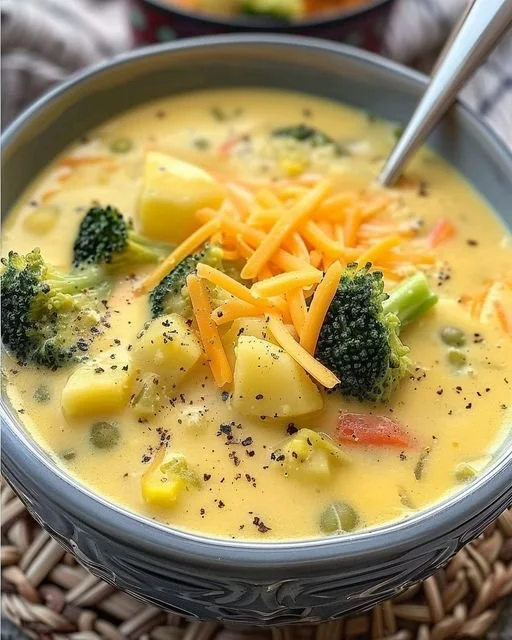 Aardappelsoep met cheddar en broccoli in een kom, vers geserveerd.