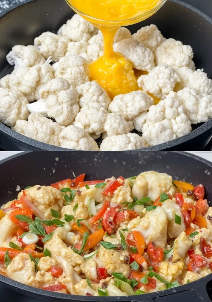 Eenvoudig recept voor bloemkool met eieren op een bord.