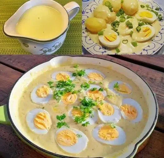 Schotel met eieren in mosterdsaus op een bord