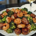 Garnalen met honing, knoflook, worst en broccoli op een bord