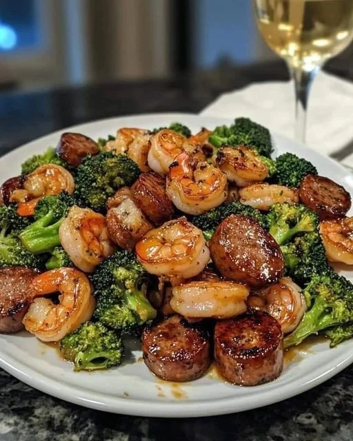 Garnalen met honing, knoflook, worst en broccoli op een bord