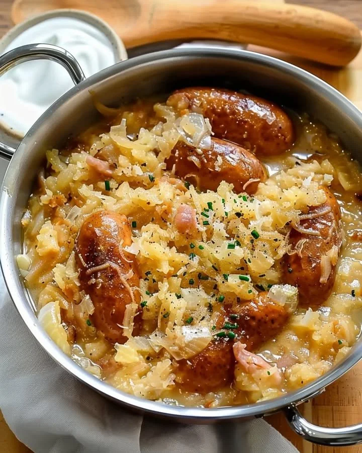 Gestoofde witte kool in een pan, geserveerd als bijgerecht.