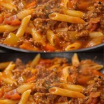 Heerlijke pasta met gehakt in een pan, klaar om geserveerd te worden.