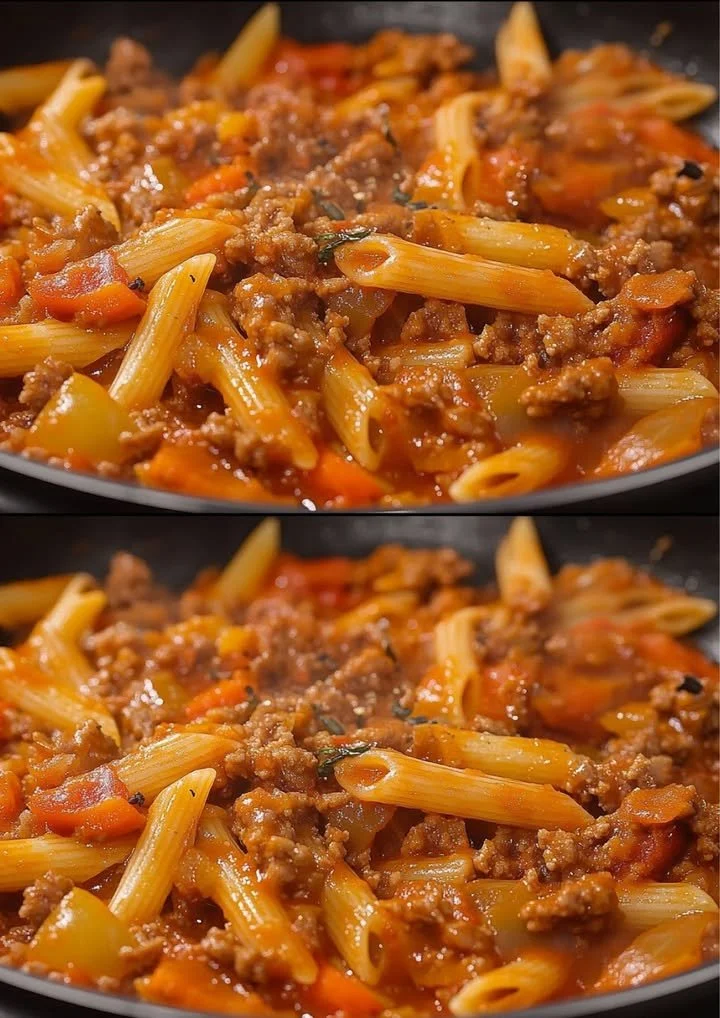 Heerlijke pasta met gehakt in een pan, klaar om geserveerd te worden.