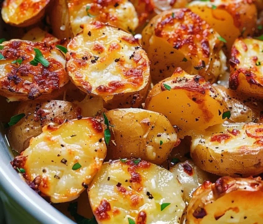 Knapperige gebakken aardappelen met knoflookboter op een bord.
