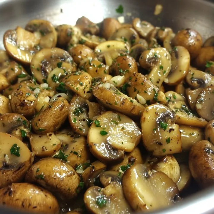 Heerlijke knoflookboterchampignons klaar in een pan