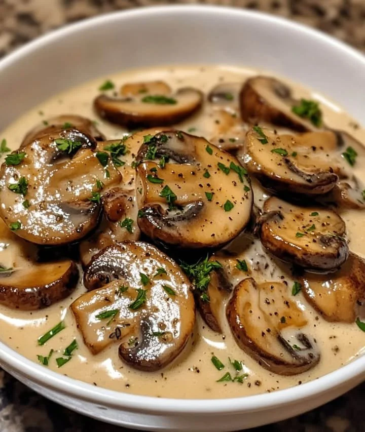 Paddenstoelen in romige knoflookroomsaus, perfect voor elke maaltijd.