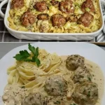 Pasta met champignonsaus en smakelijke gehaktballetjes gepresenteerd op een bord.