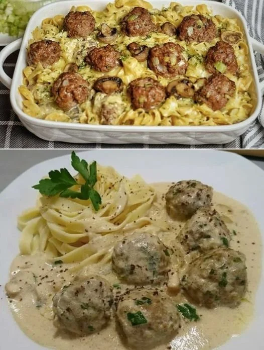 Pasta met champignonsaus en smakelijke gehaktballetjes gepresenteerd op een bord.