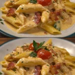 Pasta met knoflook, rode ui en verse kruiden in een elegante serveerschaal.