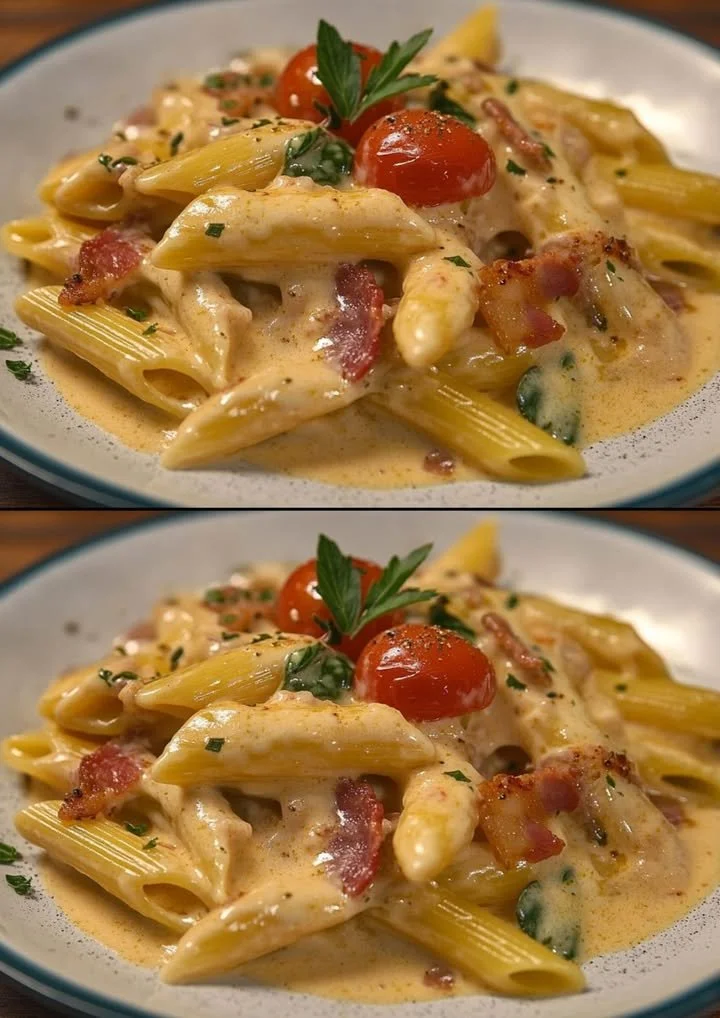 Pasta met knoflook, rode ui en verse kruiden in een elegante serveerschaal.