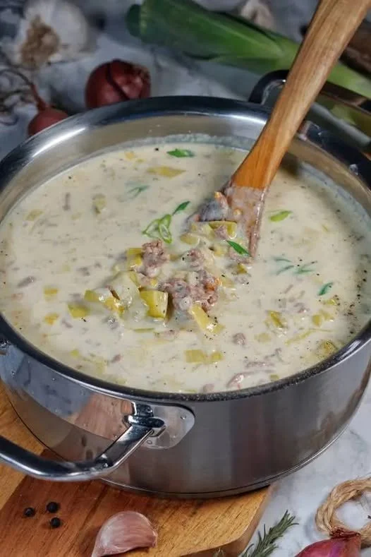 Een kom prei gehaktsoep met verse ingrediënten en kruiden.