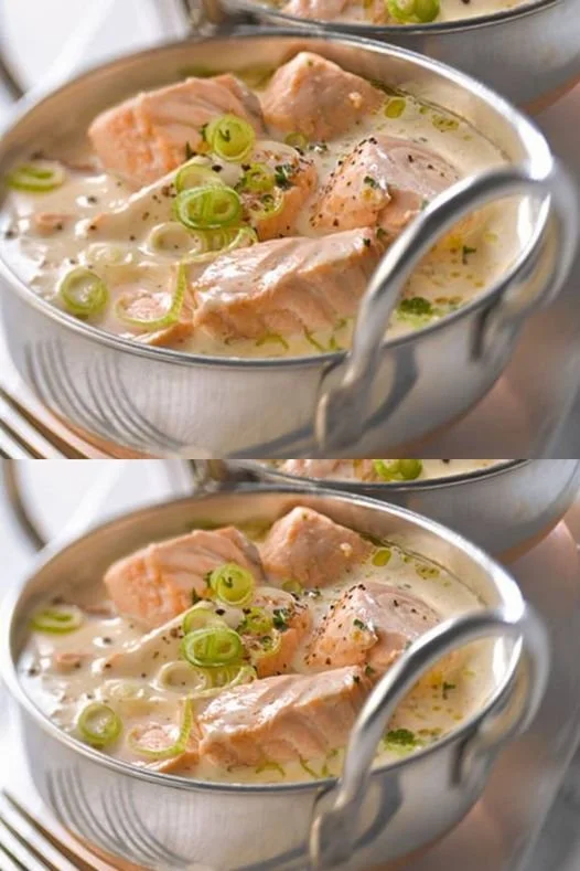 Sappige blanquette van zalm gerecht geserveerd in een mooie kom