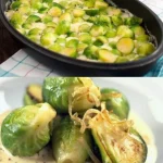 Spruitjes in romige roomkaas-mosterdsaus geserveerd op een bord.