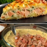 Aardappelen en zalm gerecht bereid in de oven, geserveerd op een bord.