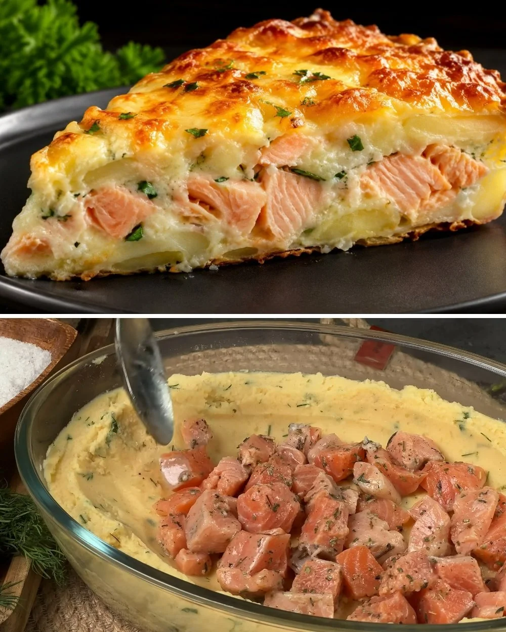 Aardappelen en zalm gerecht bereid in de oven, geserveerd op een bord.